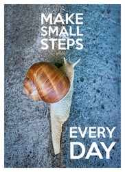 Inspirational quote with words make small steps every day. Large snail crawling on a stone wall