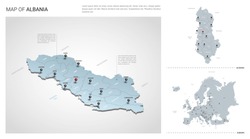 Vector set of Albania country.  Isometric 3d map, Albania map, Europe map - with region, state names and city names. 