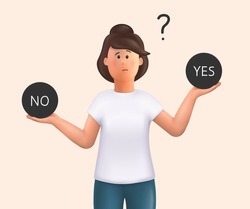 3D cartoon character. Young woman standing confusedly to choose yes or no. Concept of choice, selection, answer, reply, accept of refuse. Doubts, worries.  3d vector illustration.