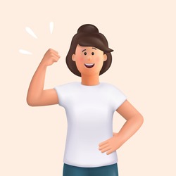 Young woman Jane - doing winner, clenched fist gesture. Strong, powerful and confident woman. Healthy lifestyle concepts. 3d vector cartoon character illustration.