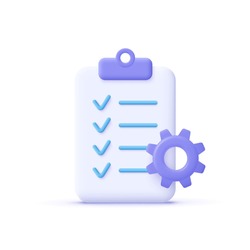 Clipboard and gear icon. Project management, software development concept. Checklist with cog. 3d vector illustration.