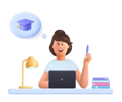 Young woman Jane sitting at desk in front laptop, holding pencil, doing assignment, thinking graduation. Online education, online study concept.  3d vector people character illustration.