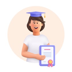 Young woman Jane - student in graduation cap and robe standing, holding diploma or certificate. Academic degree and achievements. 3d vector people character illustration.