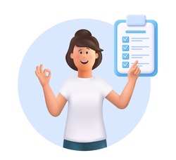 Young woman Jane points in the direction marked by a checklist. Successfully complete business assignments, time management, work planning, organization of daily goals. 3d vector illustration.