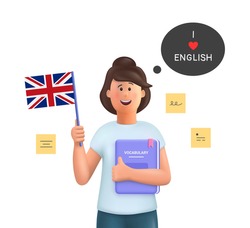 Young woman Jane studying english holding a dictionary and english flag. Learn English concept. 3d vector people character illustration.