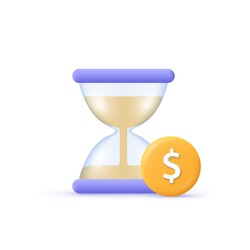 Business vector icon. Financial invest fund, revenue increase, income growth, budget plan concept. Hourglass and coin with dollar sign. 3d cartoon vector illustration. 