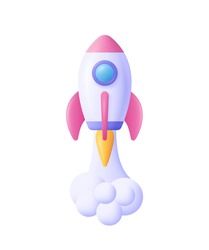 3d cartoon style minimal spaceship rocket icon. Toy rocket upswing ,spewing smoke. Startup, space, business concept. 