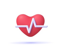 Red heart with white pulse line on white background. Heart pulse, heartbeat lone, cardiogram. Healthy lifestyle, cardiac assistance, pulse beat measure, medical healthcare concept. 3d vector icon. 