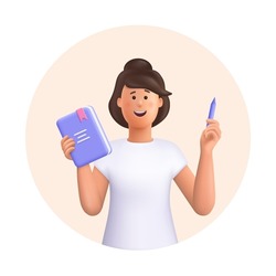 Young woman Jane holding book and pencil. Education, knowledge, study concept. 3d vector people character illustration. Cartoon minimal style.