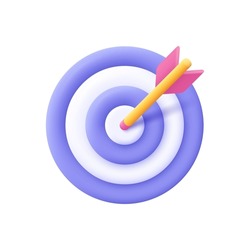 Dart arrow hit the center of target. Business finance target, goal of success, target achievement concept. 3d vector icon. Cartoon minimal style.