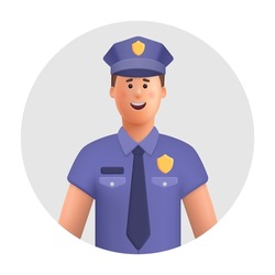 Smiling police officer. Policeman in uniform. 3d vector people character illustration. Cartoon minimal style.