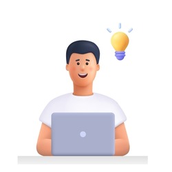 Young man working on the laptop computer and having a idea. Freelance job, creativity innovation and business idea concept. 3d vector people character illustration. Cartoon minimal style.
