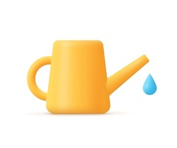 Watering can and water drop. Gardening tools, agricultural implement.3d vector icon. Cartoon minimal style.
