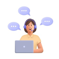 Office operator with headset talking with clients. Customer service, call center, hotline, customer support department staff concept. 3d vector people character illustration. Cartoon minimal style.