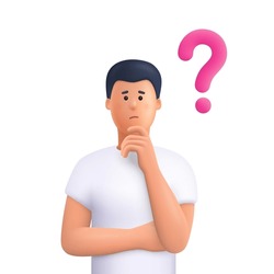 Confused man thinking in a thoughtful pose with question mark. Choice, problem solving concept. 3d vector people character illustration. Cartoon minimal style.