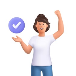 Young smiling woman and successful check mark close up button. Task completion, complete business assignments, time management concept. 3d vector people character illustration. Cartoon minimal style.