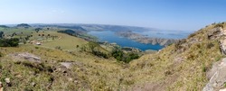 Panoramic view of the Chavantes dam and Hawk Hill in the municipality of Ribeirão Claro, Parana, Brazil, 2021.