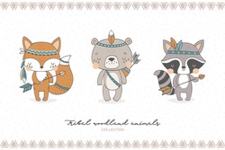Tribal forest animal collection. Cute fox, bear, raccoon baby characters. Hand drawn cartoon icon design vector illustration.