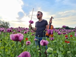 attractive man standing in violet poppy field. boy holding musical instrument called violin and fiddle stick. concert in nature. spring wallpaper 