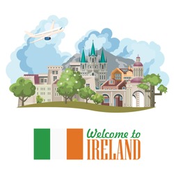 Ireland vector illustration with landmarks and irish castle. Colorful travel template.