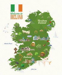 Ireland vector illustration with landmarks and irish castle. Colorful travel template.