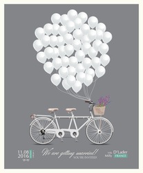 Postcard invitation to the wedding. Tandem bike and balloons. Vector illustration in vintage style.