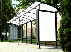 image collage of bus shelter at a bus stop of glass and aluminum  frame structure in park-like setting with green background and safety glass design. wooden benches and white poster ad display glass