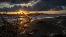 Plastic sheet and seaweeds washed up the beach at sunrise, Rangitoto Island in the background, Auckland. 
