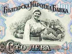 Woman picking grapes in vineyard from Bulgarian money