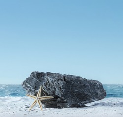 Background for cosmetic products on beach with sand. Natural rock stone podium and starfish. Empty showcase for packaging product presentation. Mock up pedestal in sunlight sea view. 