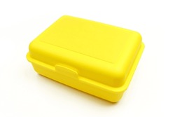 Yellow closed plastic lunch box case isolated on white background
