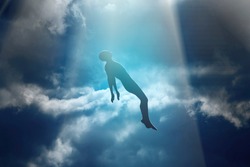 Soul of deceased man taken up into heaven. Afterlife, meditation and dream concept