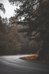 misty mountain road in foggy and rainy forest