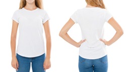 girl posing in white t shirt set, copy space,blank tshirt,empty t-shirt
