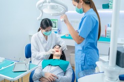 Asian female dentist adjust dental surgical light then starts checking or examining tooth of young girl patient lying on dental chair. Dental assistant support by handing instruments at dental clinic.