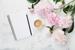 Morning coffee mug for breakfast, empty notebook, pencil and pink peony flowers on white stone table top view in flat lay style. Woman working desk.
