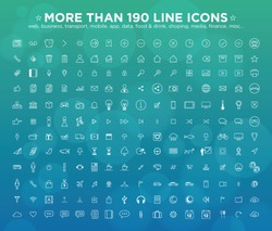 More than 190 line icons: web, business, transport, mobile, app, game, finance, misc...