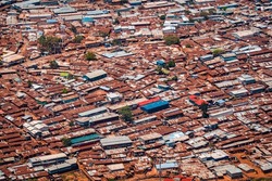 Aerial view of corrugated iron huts at the Nairobi downtown Kibera slum neighborhood, Nairobi, Kenya, East Africa, one of the largest slums in Africa
