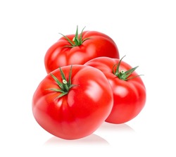 Tomato vegetables isolated on white background. Three whole fresh tomatoes.