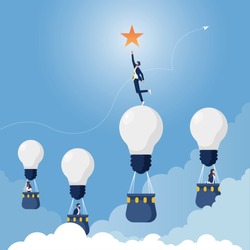 Businessman on Glowing light bulb reach star, Representation of creative business idea concept