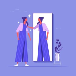 Self esteem or self care, believe in yourself improving confident, respect in your strong attitude concept, frustrated businesswoman looking at mirror with his shadow encourage her confidence