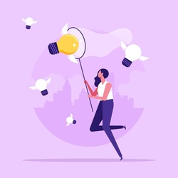 Capture new business ideas, search for innovation or creativity, brainstorm or invent new discovery project concept, businesswoman chasing and catch flying lightbulb ideas with butterfly net