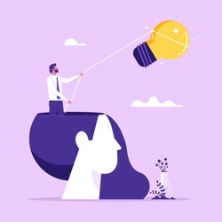 Businessman is trying to catch a flying light bulb. Search for ideas. Concept of chasing or pursuing innovative business idea. Flat vector illustration