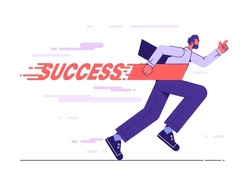 Businessman crossing finish line and tearing ribbon finishing first in a market race. Confident businessman win race competition achieving success. Career achievement leadership concept flat vector