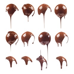 Liquid chocolate on the shape of a ball. Sweet dark ñhocolate drips. Melted chocolate coating. Ganache, icing, frosting, sauce. Chocolate set isolated on a white background.