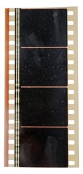 real macro photo of 35mm cine film strip isolated on white backgroud with grungy dusty fingerprint marks and optical sound showing the amplitude of the audio signal on this material.