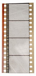 scratched 35mm cine film strip with empty frames isolated on white backgroud with cool texture and optical stereo sound showing the amplitude of the audio signal, analog soundfilm or movietone.
