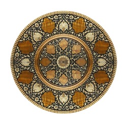 Arabic carved ornament on wooden plate, patterns. Souvenir carving plate.