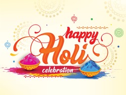 Creative Hand Lettering Text ”Happy Holi” with Colours on Traditional Or Abstract Background For Hindu Festival Holi.