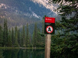 No Fires National Park Sign. Mountain Forest Notice. Campfire Ban Forest Fire.